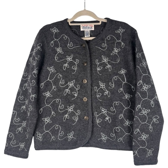 Tally Ho Cardigan Sweater Vintage 70s 80s Gray 100% Wool Embroidered Size M - Picture 1 of 7